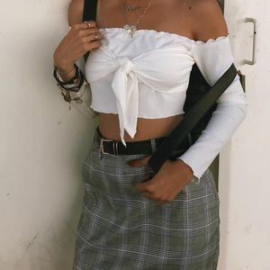 white bow front off shoulder top